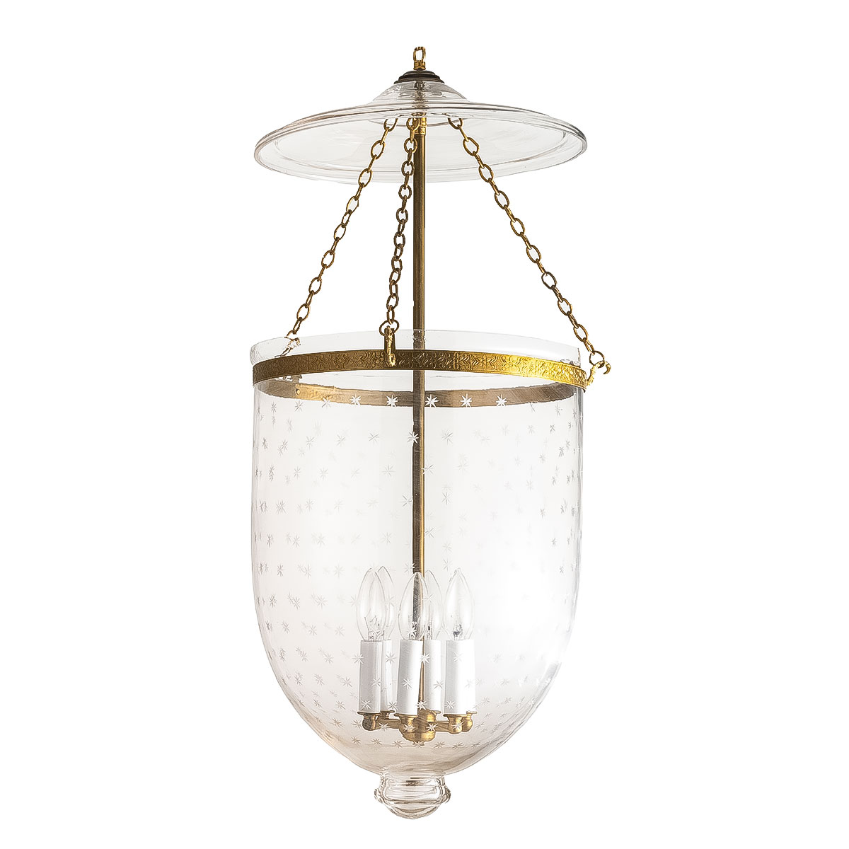 The CDNY Jumbo Mini Star Cut Lantern Chandelier, featuring beautiful etched glass with a dazzling star pattern.