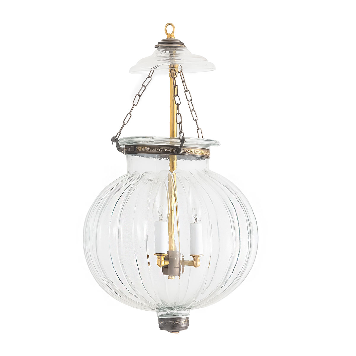 The CDNY Large Melon Lantern Chandelier, with classic ribbed glass and a warm antique brass finish.