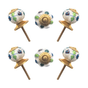 Assorted hand-painted ceramic knobs with multiflowered and abstract designs and gold leaf accents, set of 6