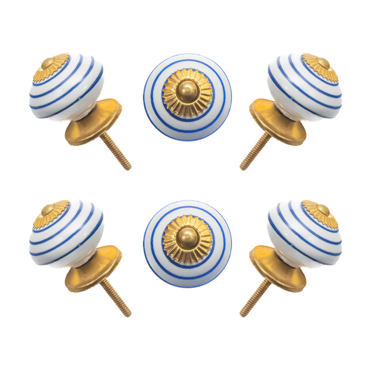 Add a chic coastal touch to your drawers with these blue and white ceramic knobs, featuring a gold starburst design.