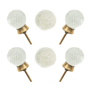 Sparkling clear faceted diamond cut glass knobs with solid brass base, set of 6