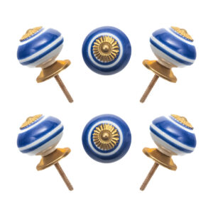 Blue and white striped ceramic knobs with gold starburst accents, set of 6
